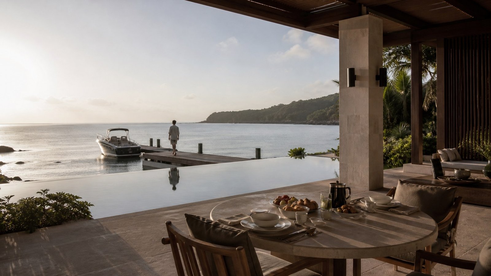 Breakfast laid on a terrace table above an infinity pool, a guest walking out to a private jetty and moored boat at dawn