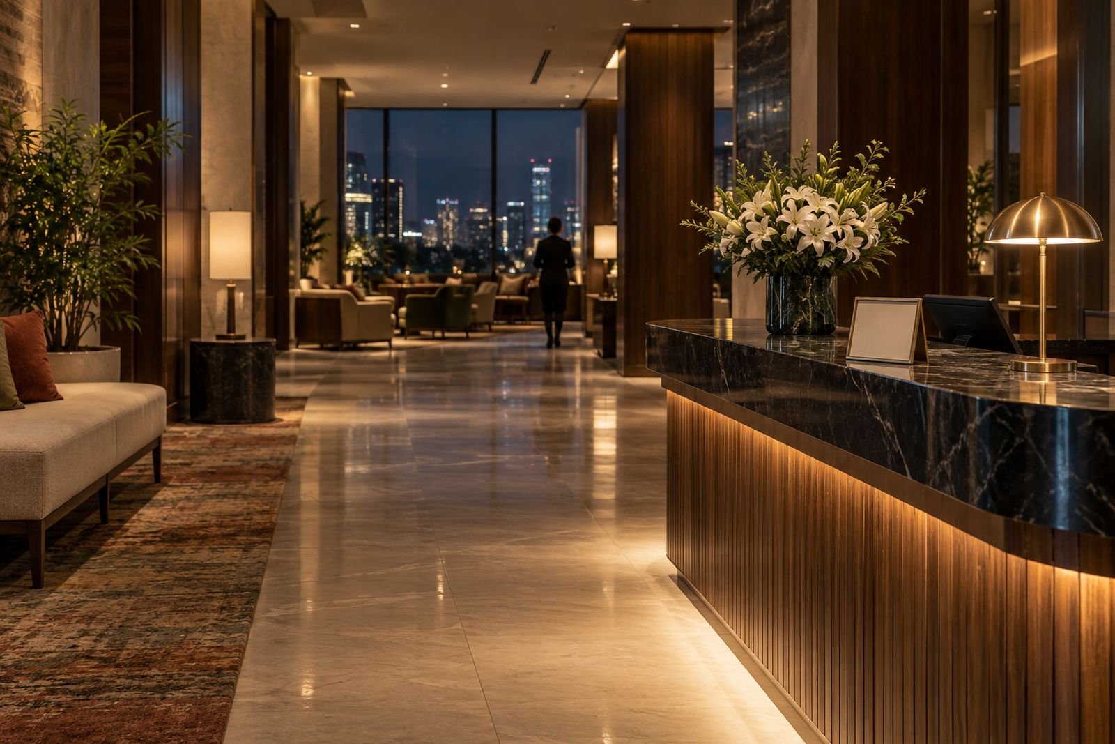 A polished Mexico City hotel lobby standing unusually quiet at night