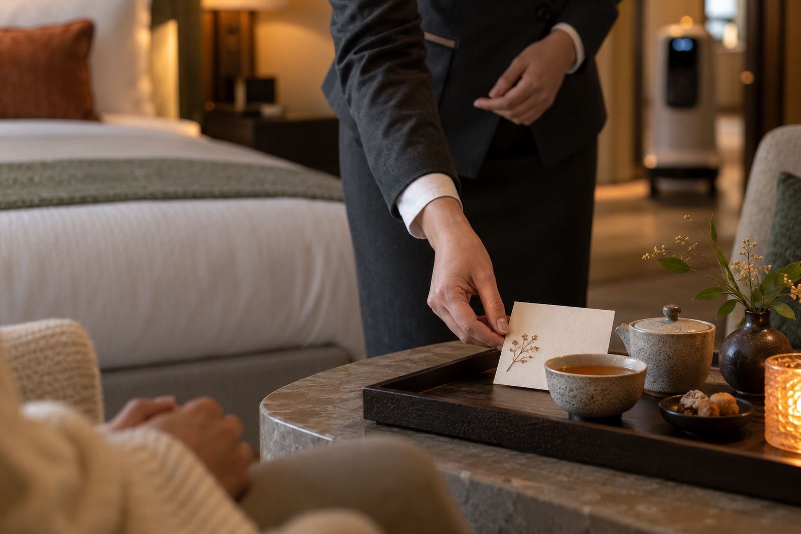 A hotel host placing a thoughtful welcome card beside a tea service