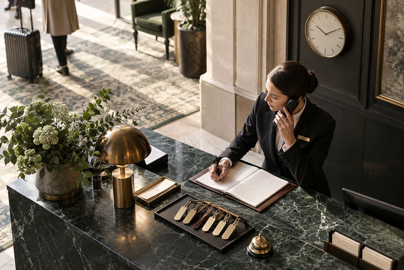 A hotel concierge coordinating guest service beneath an analog clock